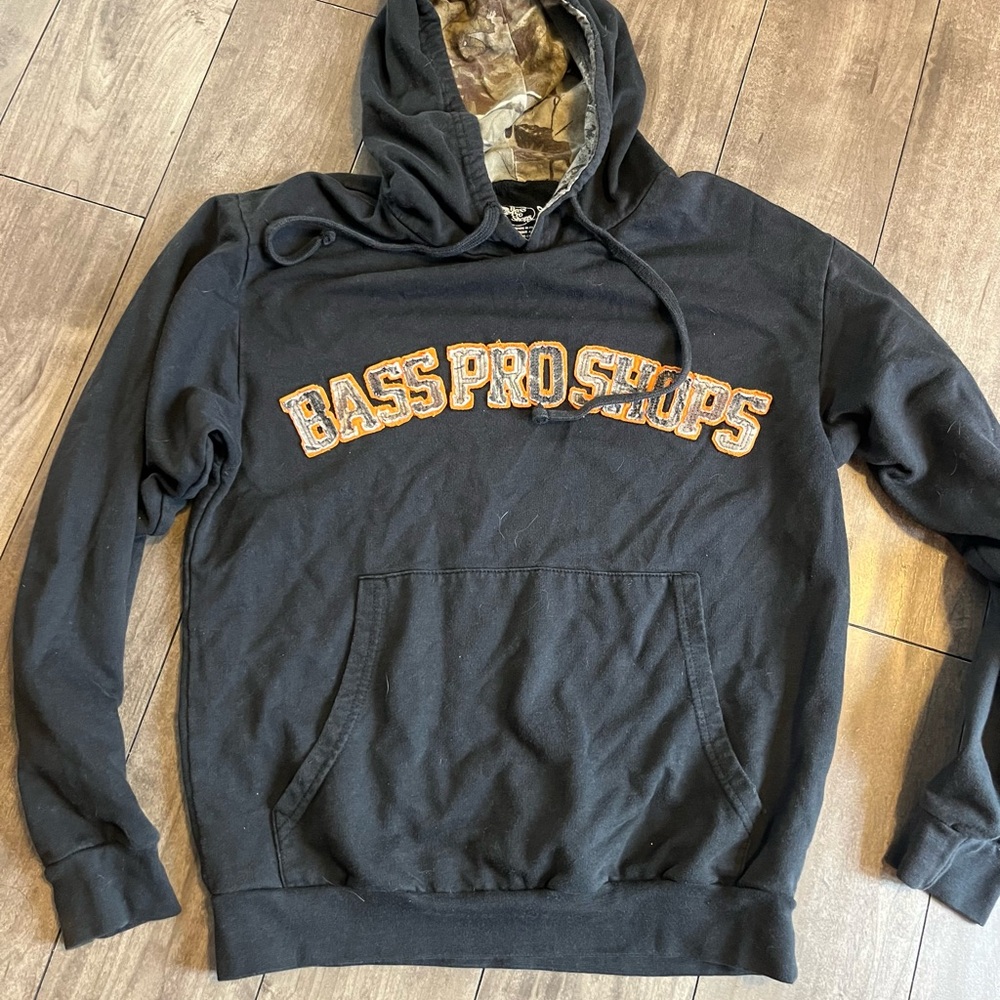 Bass Pro Shops Black Hoodie with Camo Hood Lining